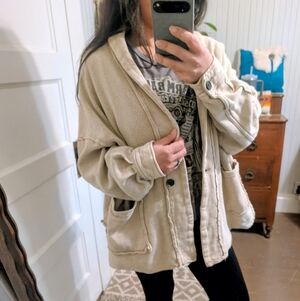 Womens Tan Beige Sweater Fleece Shacket Oversized Boho Lagenlook Grandpa